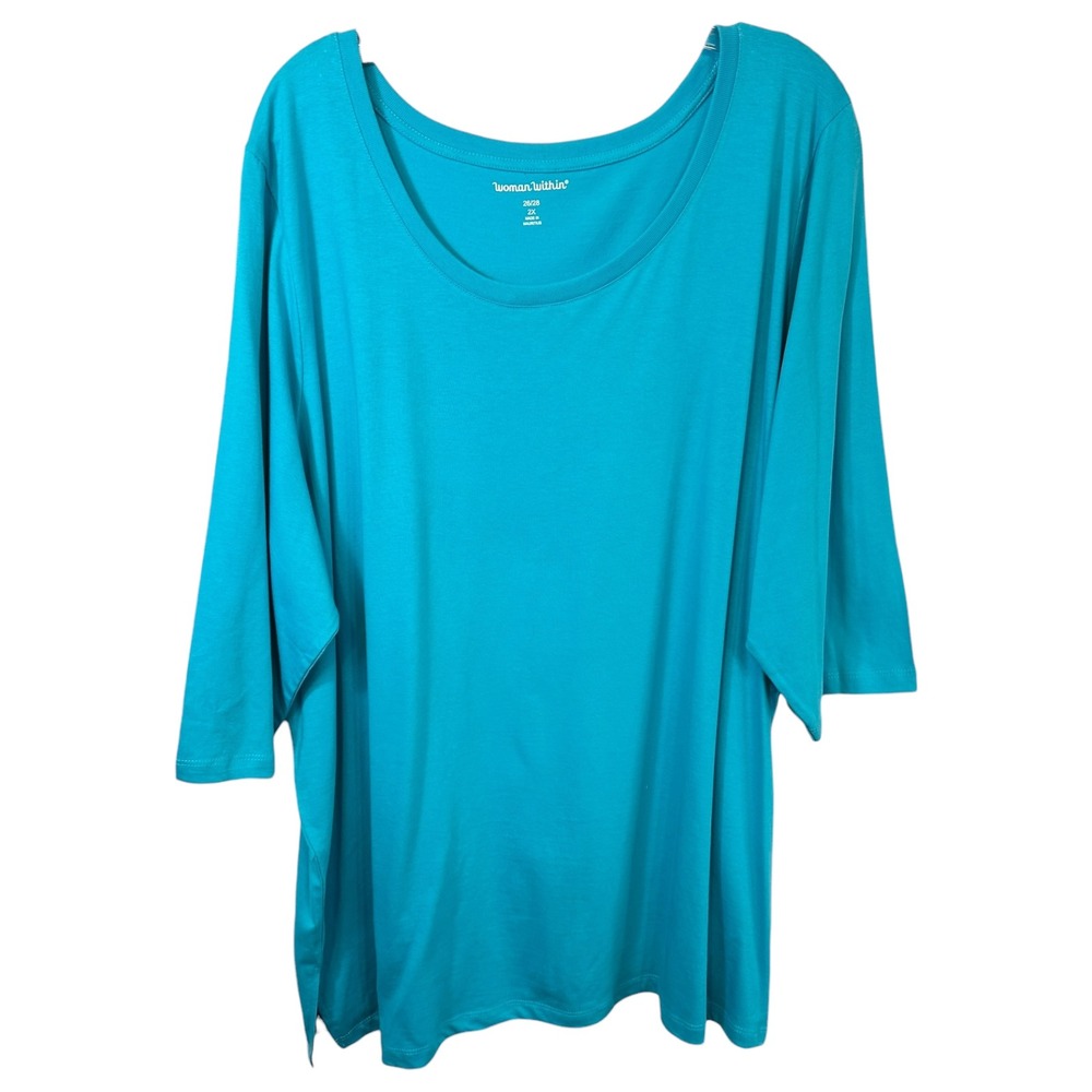 Woman Within Plus Size 26/28 Top‎ 2X Turquoise 3/4 Sleeve Scoop Neck Tee 1157